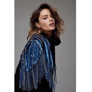 NWT Anthropologie Full Throttle Blue Striped Sequin Cape, Beads, Beaded Fringe